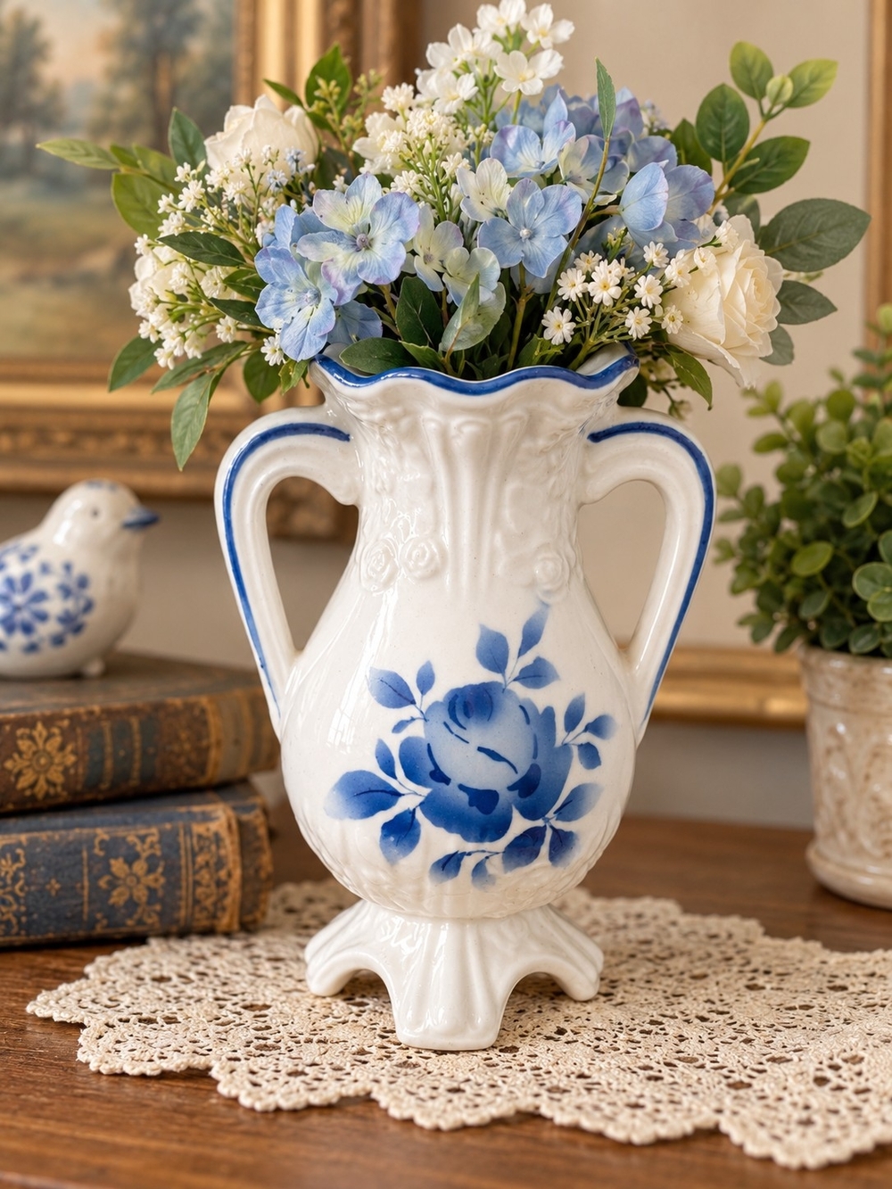 Vintage Czechoslovakia Blue Rose Double Handle Porcelain Vase 7”